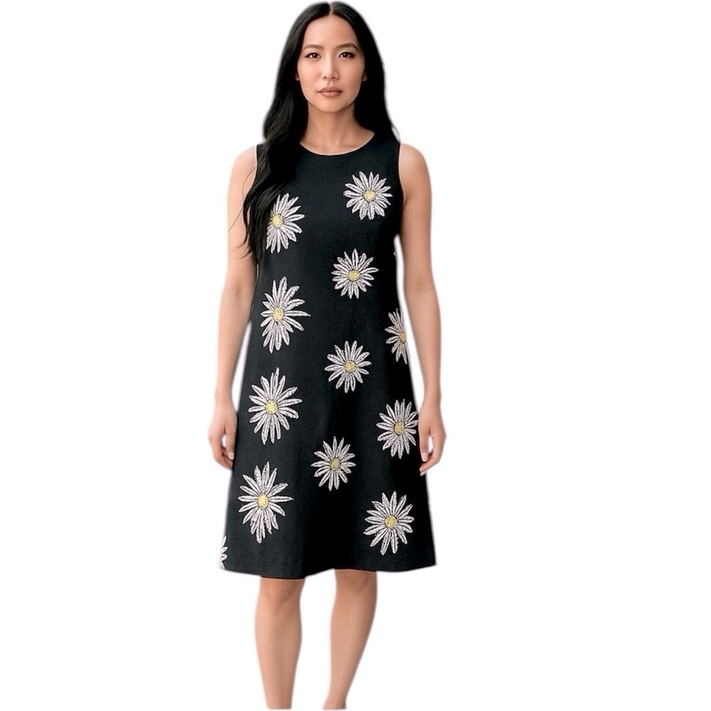 CHRISTY ALLEN LINEN EMBROIDERED FLORAL DRESS BLACK WHITE YELLOW SIZE LARGE GOTH